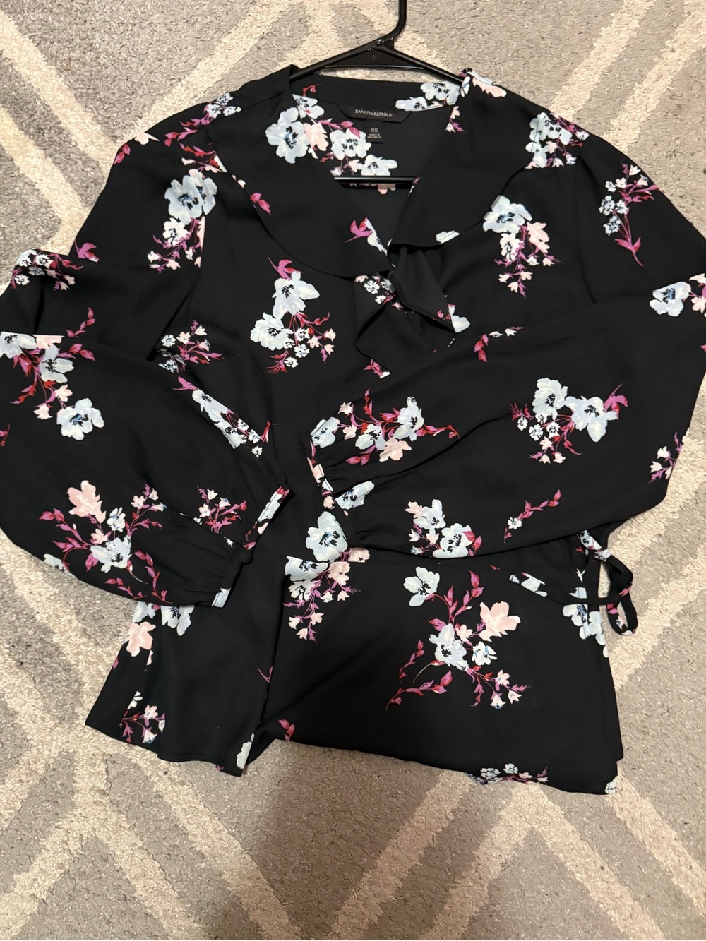 Banana Republic Black Floral Tie-Neck Blouse with Pink & White Accents